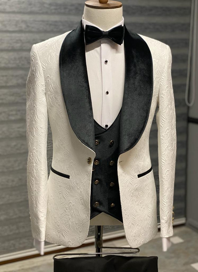 Empire Black & White Slim Fit Velvet Shawl Lapel Wool Tuxedo