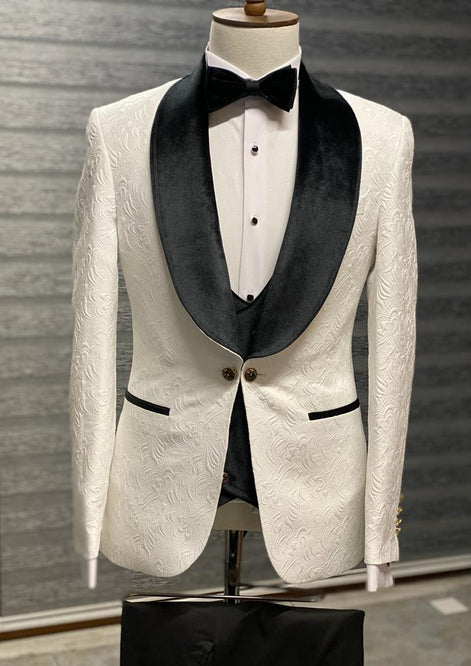 Empire Black & White Slim Fit Velvet Shawl Lapel Wool Tuxedo