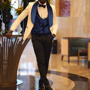 Empire Blue & White Slim Fit Velvet Shawl Lapel Wool Tuxedo