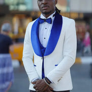 Empire Blue & White Slim Fit Velvet Shawl Lapel Wool Tuxedo