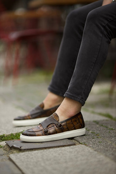 Empire Crocodile Pattern Brown Monk Strap Shoes