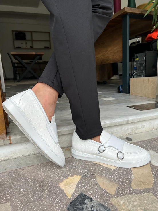 White Double Monk Strap Shoes