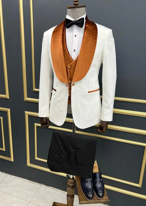 Empire White & Orange Slim Fit Shawl Lapel Velvet Tuxedo