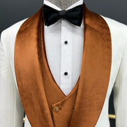 Empire White & Orange Slim Fit Shawl Lapel Velvet Tuxedo