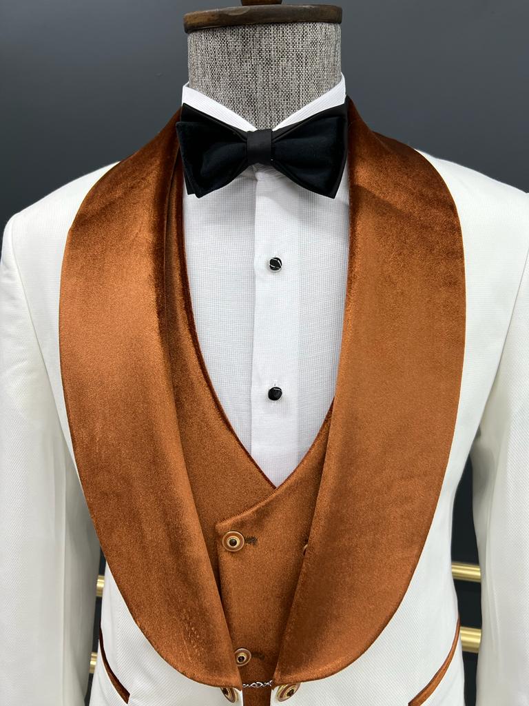 Empire White & Orange Slim Fit Shawl Lapel Velvet Tuxedo