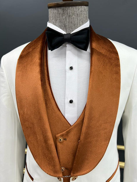 Empire White & Orange Slim Fit Shawl Lapel Velvet Tuxedo