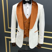 Empire White & Orange Slim Fit Shawl Lapel Velvet Tuxedo