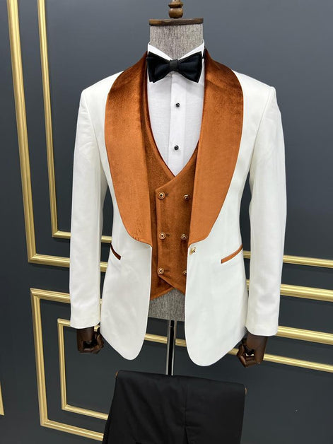 Empire White & Orange Slim Fit Shawl Lapel Velvet Tuxedo
