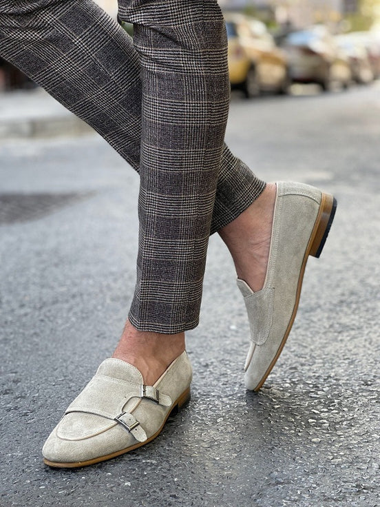 Beige Suede Double Monk Strap Shoes