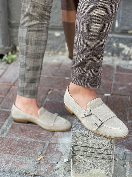 Enid Beige Suede Double Monk Strap Shoes