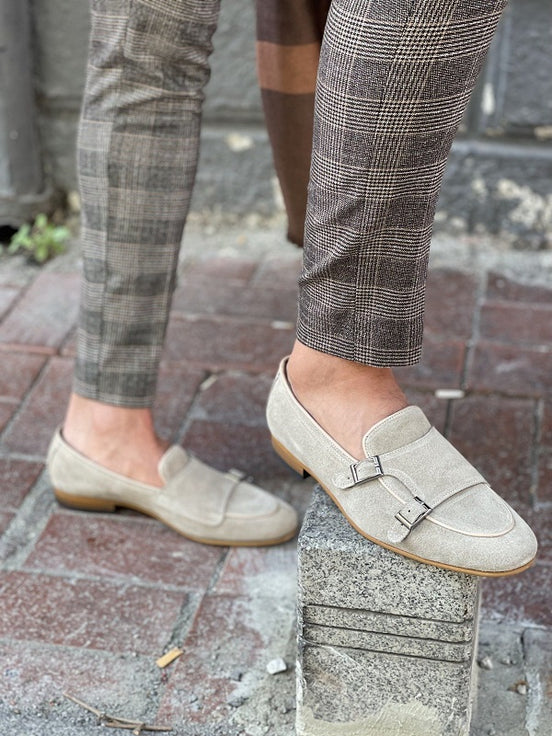 Beige Suede Double Monk Strap Shoes
