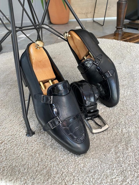 Black Double Monk Strap Shoes