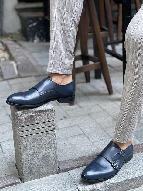 Enid Navy Blue Double Monk Strap Shoes