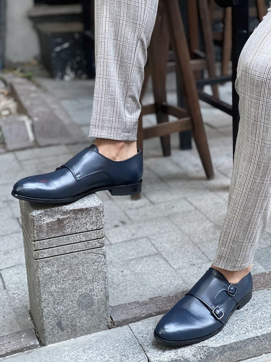 Navy Blue Double Monk Strap Shoes