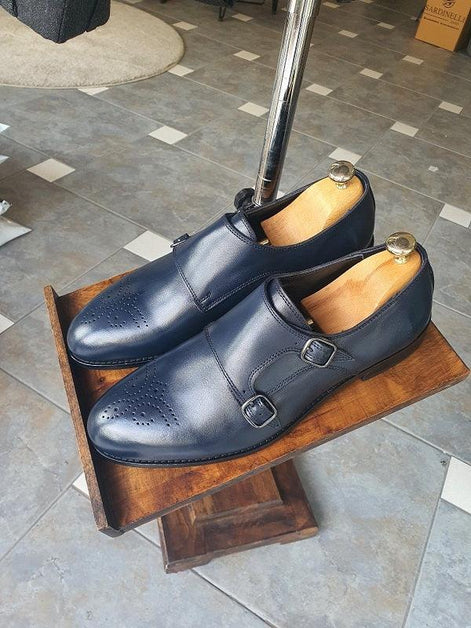 Enid Navy Blue Double Monk Strap Shoes