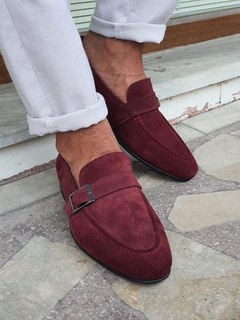 Burgundy Suede Buckle Loafers for Men by GentWith.com - GENT WITH Burgundy Suede Buckle Loafers for Men by GentWith.com - GENT WITH