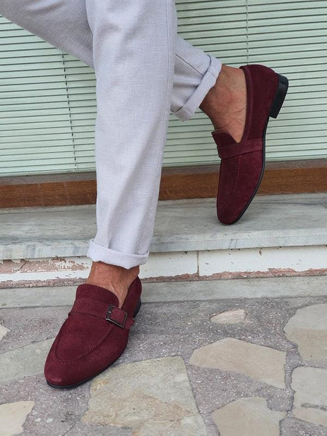 Burgundy Suede Buckle Loafers for Men by GentWith.com - GENT WITH Burgundy Suede Buckle Loafers for Men by GentWith.com - GENT WITH
