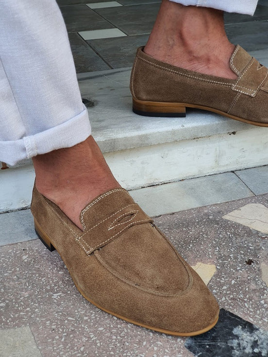 Brown Suede Penny Loafers
