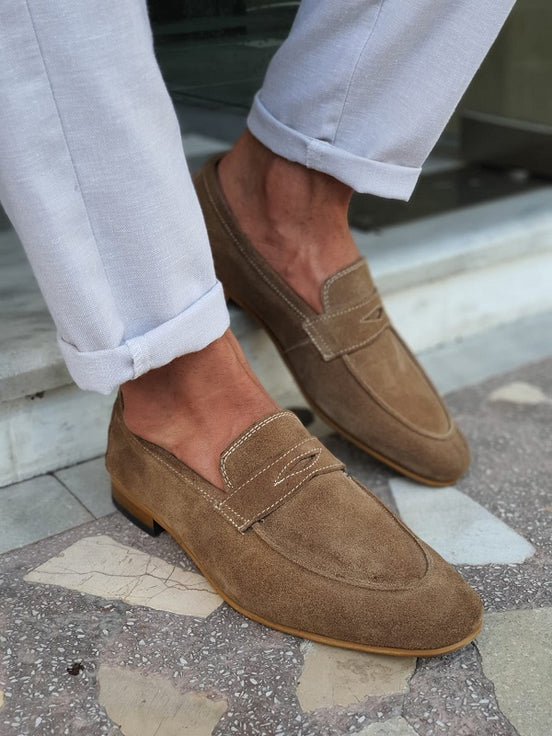 Brown Suede Penny Loafers