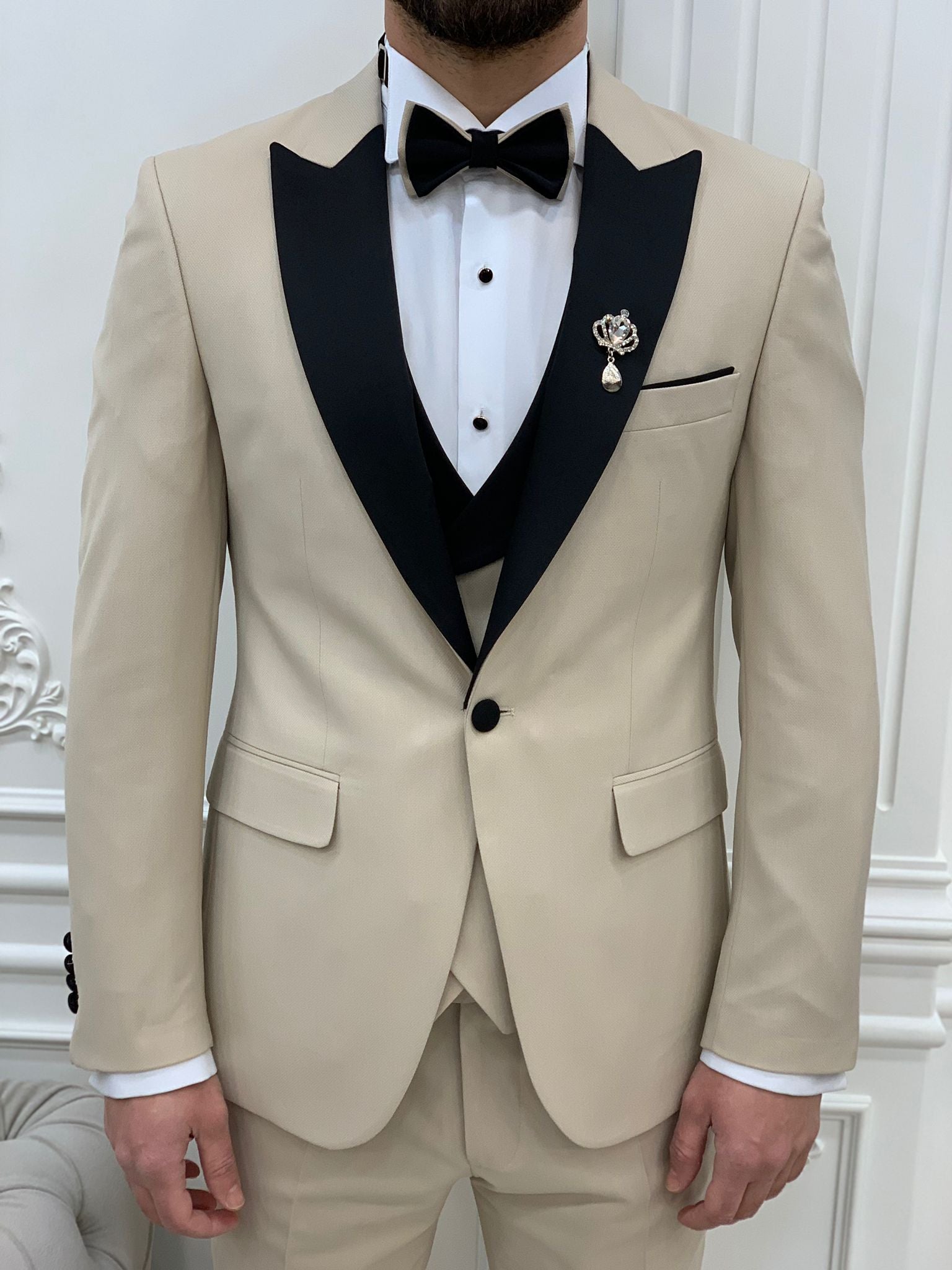 Joliet Slim Fit Peak Lapel Beige Tuxedo