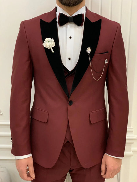 Joliet Slim Fit Velvet Peak Lapel Burgundy Tuxedo