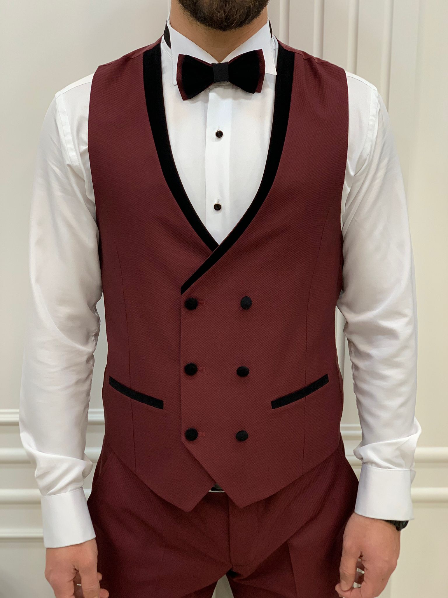 Joliet Slim Fit Velvet Peak Lapel Burgundy Tuxedo