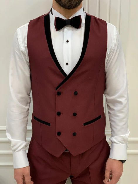 Joliet Slim Fit Velvet Peak Lapel Burgundy Tuxedo