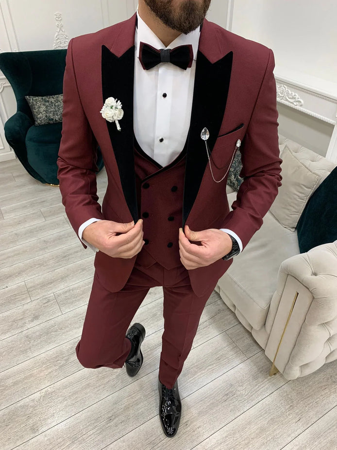 Joliet Slim Fit Velvet Peak Lapel Burgundy Tuxedo