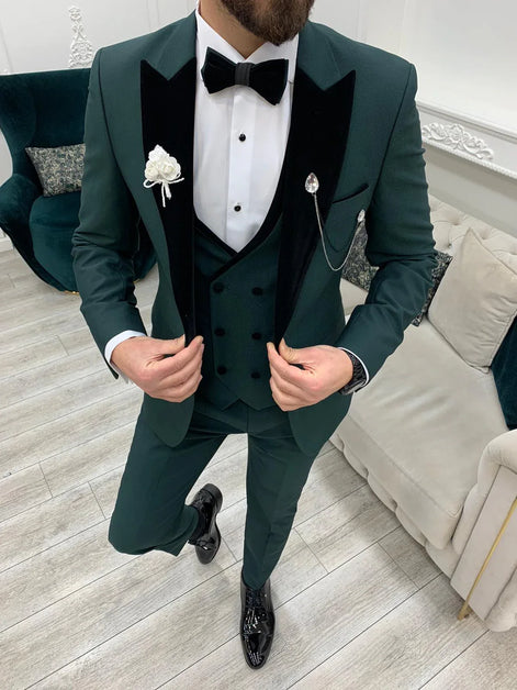 Joliet Slim Fit Velvet Peak Lapel Dark Green Tuxedo