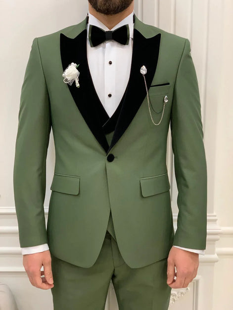 Joliet Slim Fit Velvet Peak Lapel Olive Green Tuxedo