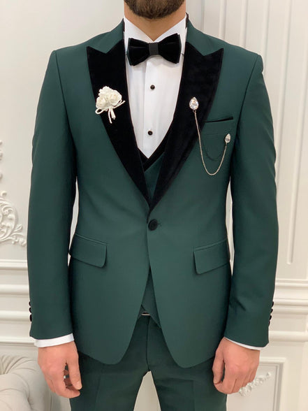 Joliet Slim Fit Velvet Peak Lapel Dark Green Tuxedo