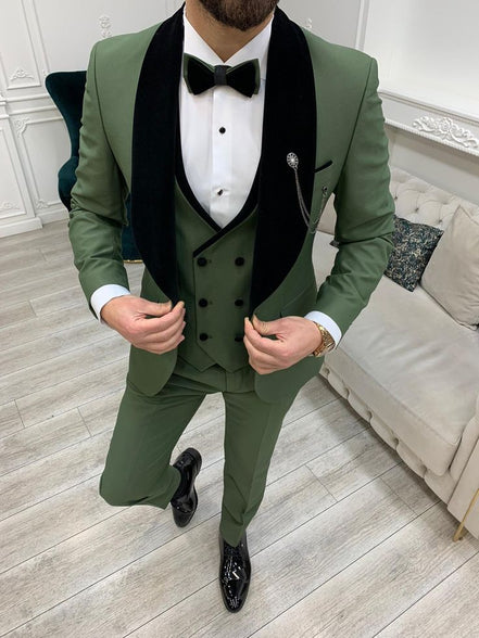 Joliet Olive Green Slim Fit Velvet Shawl Lapel Tuxedo