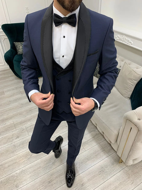 Joliet Slim Fit Glitter Shawl Lapel Navy Blue Tuxedo