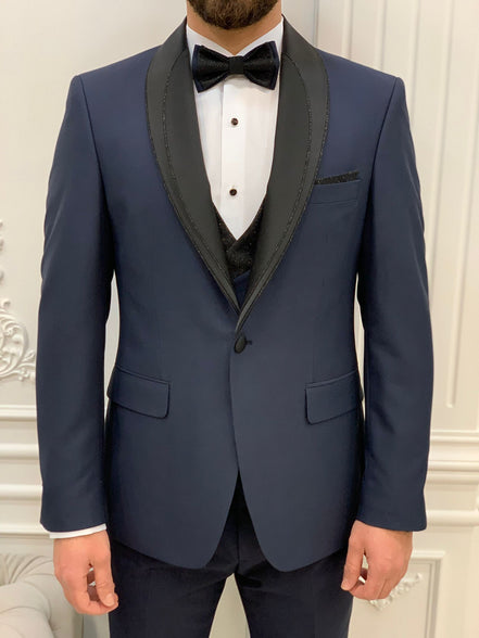 Joliet Slim Fit Glitter Shawl Lapel Navy Blue Tuxedo