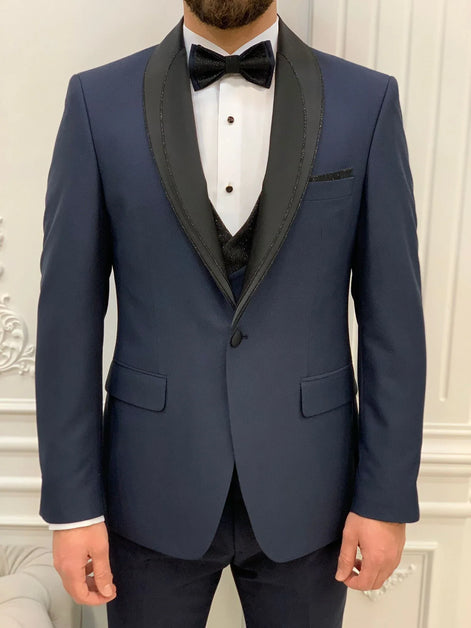 Joliet Slim Fit Glitter Shawl Lapel Navy Blue Tuxedo