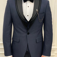Joliet Slim Fit Velvet Satin Peak Lapel Navy Blue Tuxedo