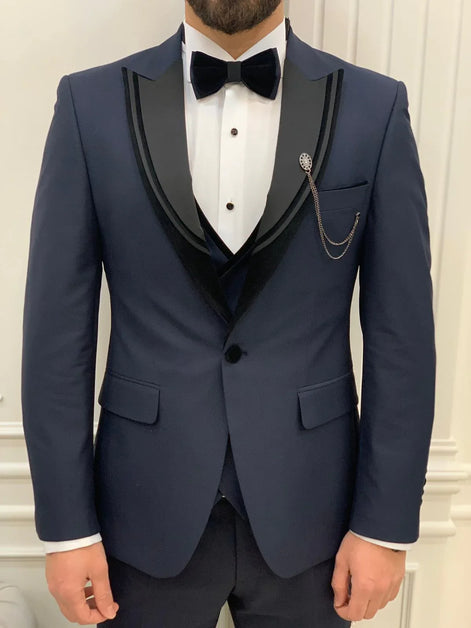 Joliet Slim Fit Velvet Satin Peak Lapel Navy Blue Tuxedo