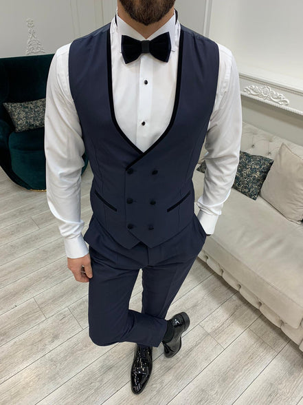 Joliet Slim Fit Velvet Satin Peak Lapel Navy Blue Tuxedo