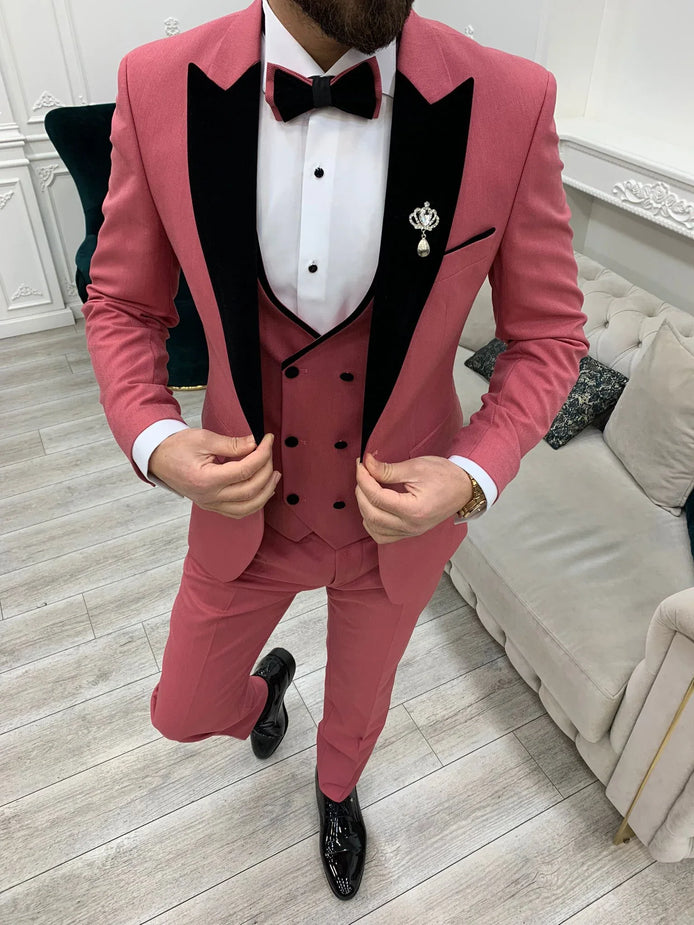 Joliet Slim Fit Velvet Peak Lapel Pink Tuxedo