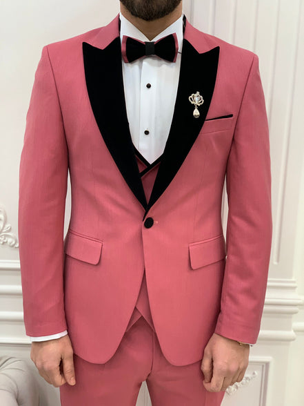 Joliet Slim Fit Velvet Peak Lapel Pink Tuxedo