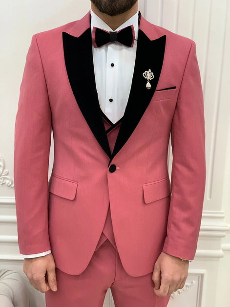 Joliet Slim Fit Velvet Peak Lapel Pink Tuxedo