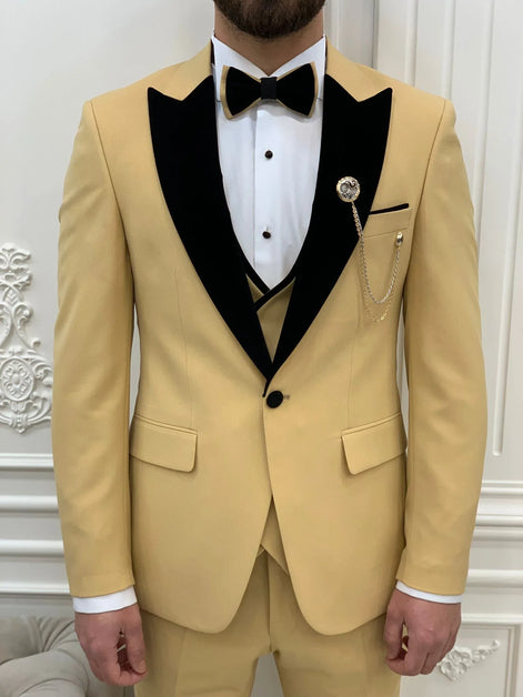 Joliet Slim Fit Velvet Peak Lapel Yellow Tuxedo