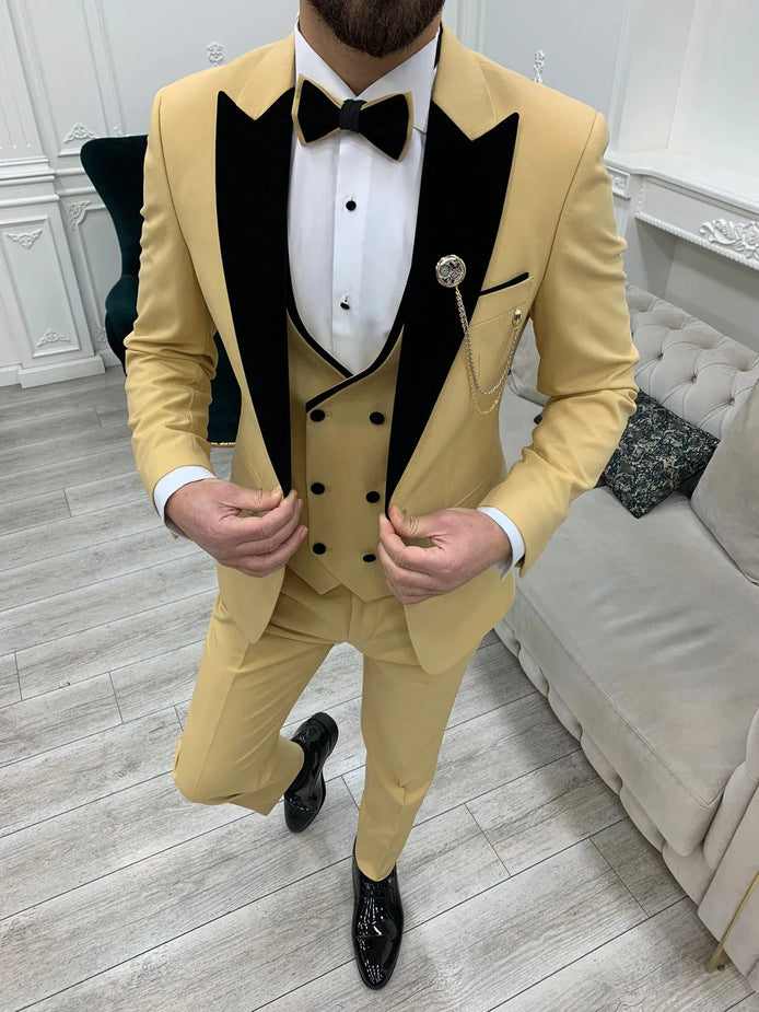 Joliet Slim Fit Velvet Peak Lapel Yellow Tuxedo