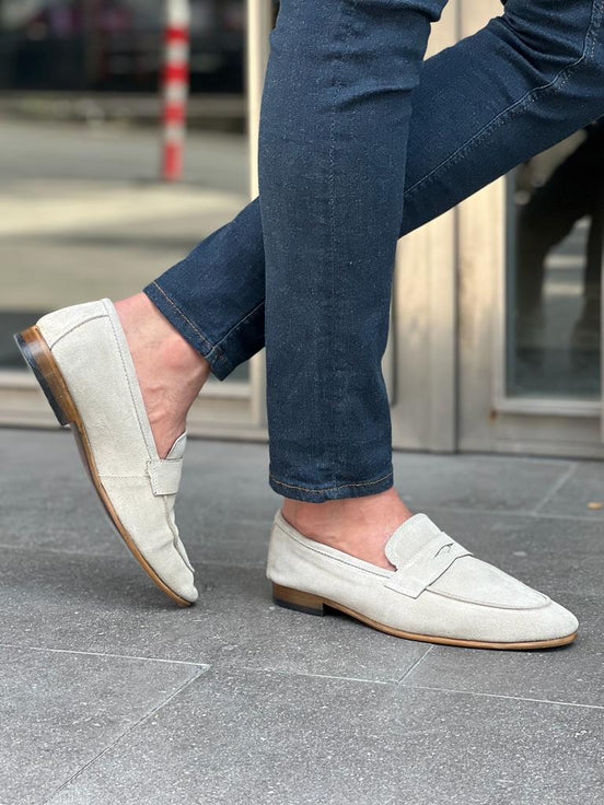 Beige Suede Penny Loafers