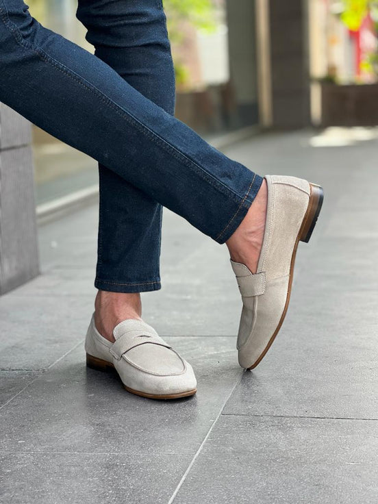 Beige Suede Penny Loafers