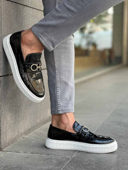 Laughlin Crocodile Pattern Black Bit Loafers