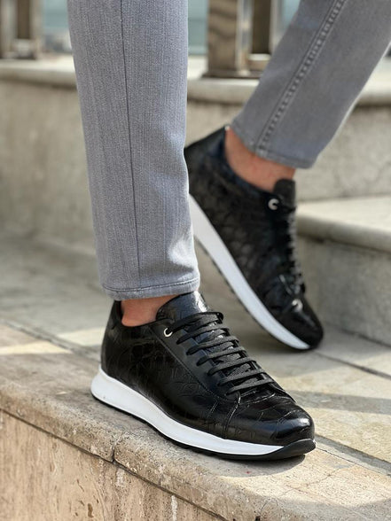Laughlin Crocodile Pattern Mid-Top Black Sneakers