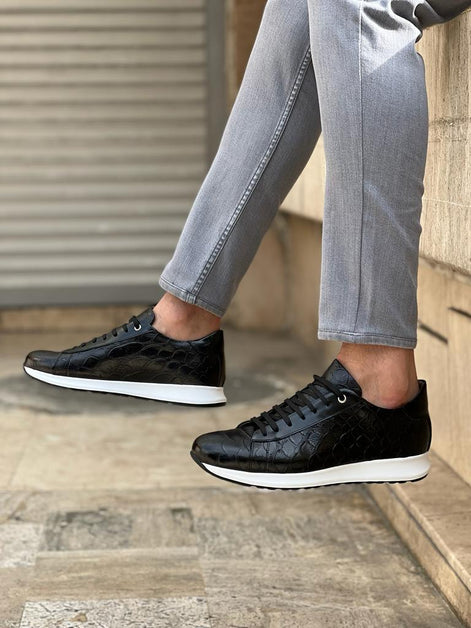 Laughlin Crocodile Pattern Mid-Top Black Sneakers