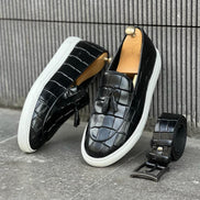 Laughlin Black Crocodile Pattern Slip Ons