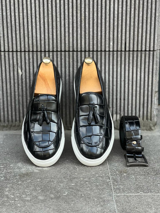 Black Crocodile Pattern Slip Ons